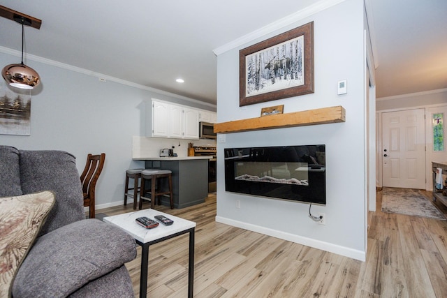 30202 Shady Ln, Detroit Lakes, MN 56501 - living area with light wood finished floors, crown molding, recessed lighting, and baseboards