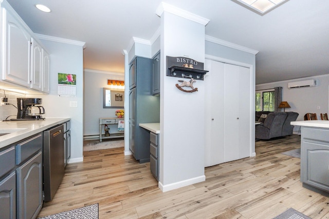 30202 Shady Ln, Detroit Lakes, MN 56501 - kitchen with ornamental molding, a wall mounted AC, light wood-style floors, light countertops, and dishwasher