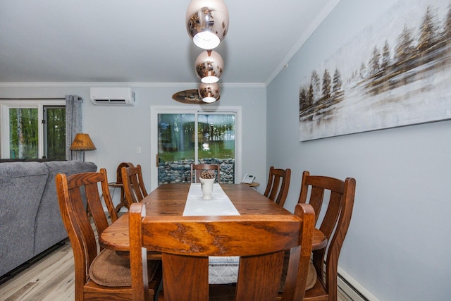 30202 Shady Ln, Detroit Lakes, MN 56501 - dining space with a wall mounted air conditioner, ornamental molding, light wood-style floors, and a baseboard heating unit