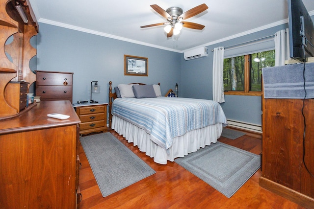 30202 Shady Ln, Detroit Lakes, MN 56501 - bedroom with a baseboard heating unit, an AC wall unit, wood finished floors, ornamental molding, and a ceiling fan