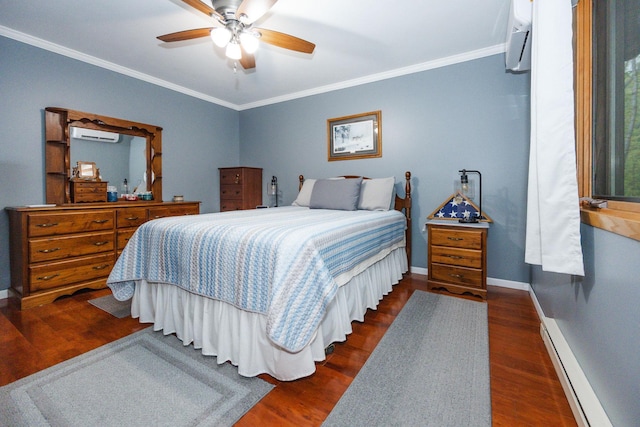 30202 Shady Ln, Detroit Lakes, MN 56501 - bedroom with crown molding, dark wood finished floors, baseboards, an AC wall unit, and baseboard heating