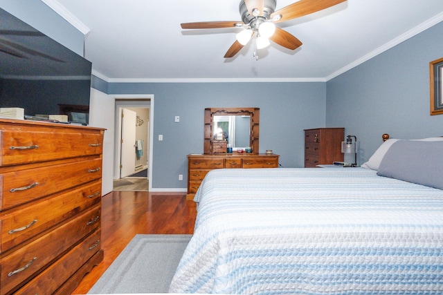 30202 Shady Ln, Detroit Lakes, MN 56501 - bedroom with wood finished floors, ornamental molding, baseboards, and a ceiling fan