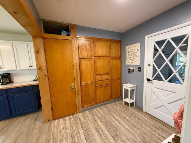725 8th St NE, Staples, MN 56479 - kitchen featuring light countertops, light wood-type flooring, brown cabinetry, and blue cabinets