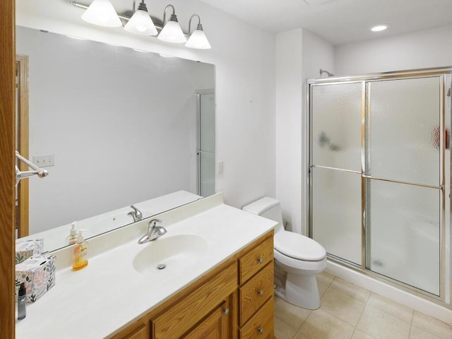 1232 Cypress Dr W, Annandale, MN 55302 - full bathroom with toilet, a shower stall, tile patterned floors, vanity, and recessed lighting