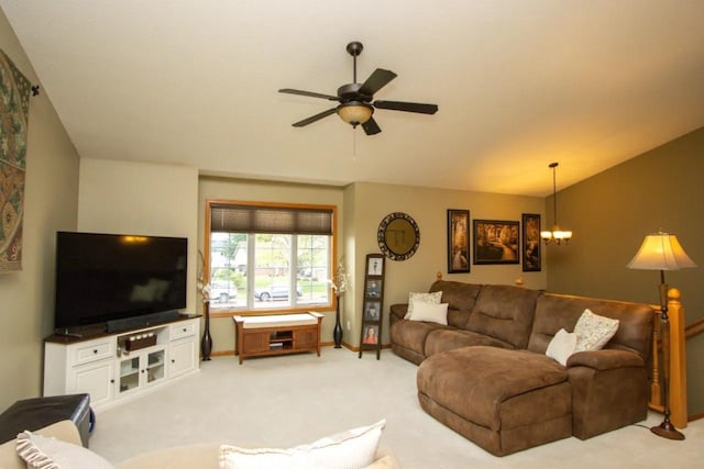 124 Waynesborough Way, Mankato, MN 56001 - carpeted living area with a ceiling fan, a chandelier, lofted ceiling, and baseboards