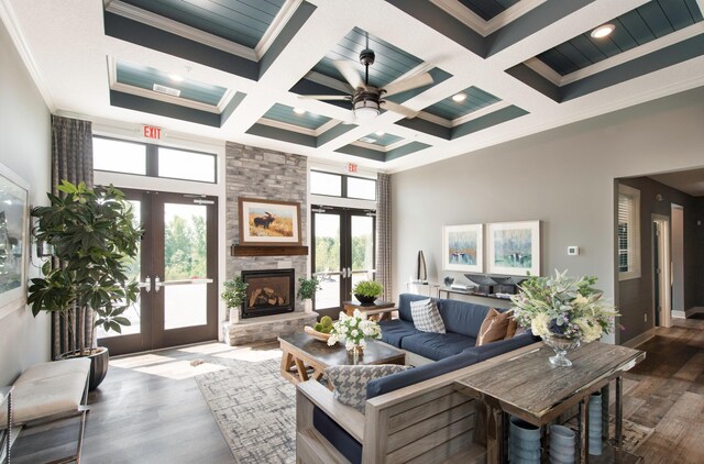 11454 Fieldstone Dr, Rogers, MN 55311 - living area featuring french doors, ornamental molding, dark wood-style floors, a high ceiling, and beamed ceiling