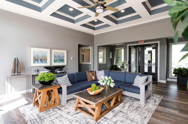 11454 Fieldstone Dr, Rogers, MN 55311 - living room with crown molding, coffered ceiling, wood finished floors, a towering ceiling, and a ceiling fan