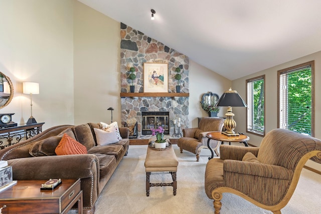 9378 Olympia Dr, Eden Prairie, MN 55347 - living room with light carpet, lofted ceiling, and a fireplace