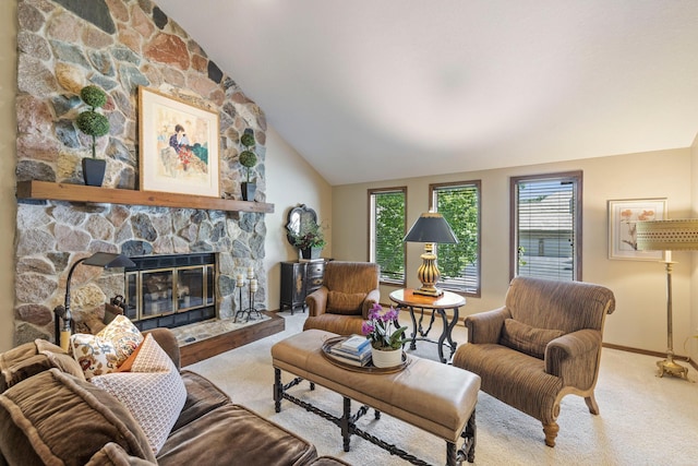9378 Olympia Dr, Eden Prairie, MN 55347 - living room featuring carpet floors, vaulted ceiling, and a stone fireplace