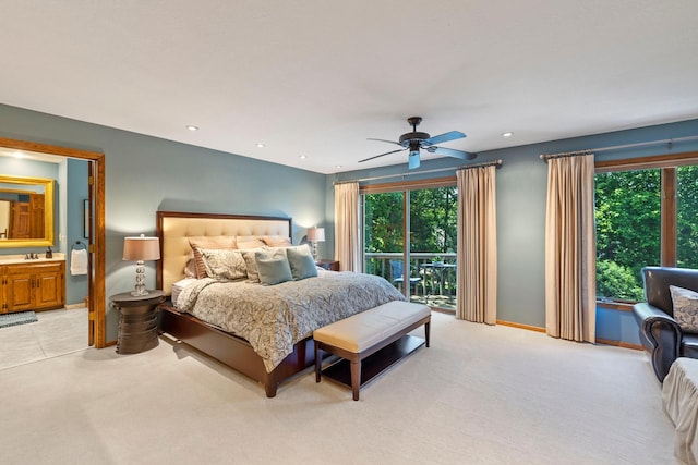 9378 Olympia Dr, Eden Prairie, MN 55347 - bedroom with access to exterior, light colored carpet, recessed lighting, a ceiling fan, and ensuite bathroom