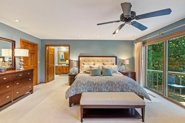 9378 Olympia Dr, Eden Prairie, MN 55347 - bedroom with light colored carpet, ensuite bath, a ceiling fan, and recessed lighting