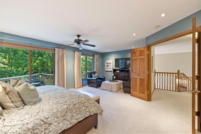 9378 Olympia Dr, Eden Prairie, MN 55347 - bedroom with light carpet, recessed lighting, access to outside, and a ceiling fan