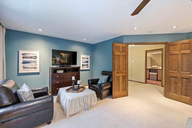 9378 Olympia Dr, Eden Prairie, MN 55347 - living area featuring light carpet, a ceiling fan, and recessed lighting