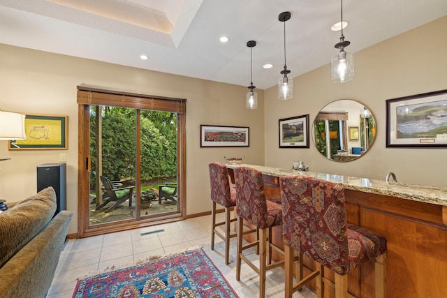 9378 Olympia Dr, Eden Prairie, MN 55347 - indoor wet bar with recessed lighting, hanging light fixtures, and light tile patterned floors