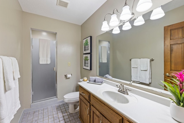 9378 Olympia Dr, Eden Prairie, MN 55347 - bathroom featuring a shower stall, a chandelier, vanity, and tile patterned floors