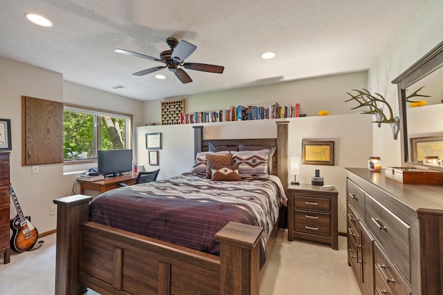 9378 Olympia Dr, Eden Prairie, MN 55347 - bedroom featuring light colored carpet, recessed lighting, ceiling fan, and a textured ceiling