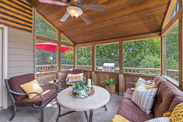 9378 Olympia Dr, Eden Prairie, MN 55347 - sunroom / solarium with a ceiling fan, lofted ceiling, and outdoor lounge area