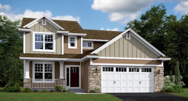 7581 Norway Ln, Lino Lakes, MN 55038 - craftsman house with board and batten siding, stone siding, covered porch, and a shingled roof