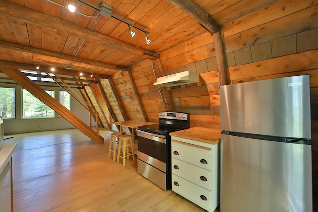 28435 392nd St, Browerville, MN 56438 - kitchen with appliances with stainless steel finishes, wood ceiling, under cabinet range hood, rail lighting, and wood counters