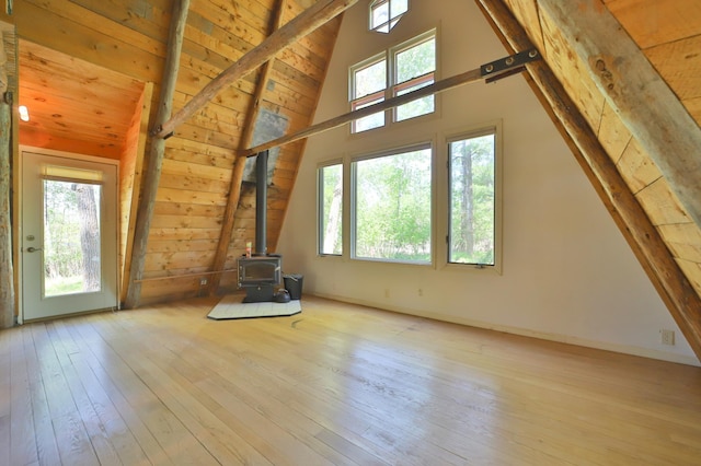 28435 392nd St, Browerville, MN 56438 - unfurnished living room with a wood stove, plenty of natural light, and hardwood / wood-style floors