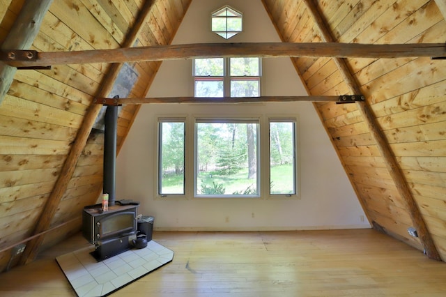 28435 392nd St, Browerville, MN 56438 - unfurnished living room featuring wooden ceiling, a wood stove, and light wood-style flooring