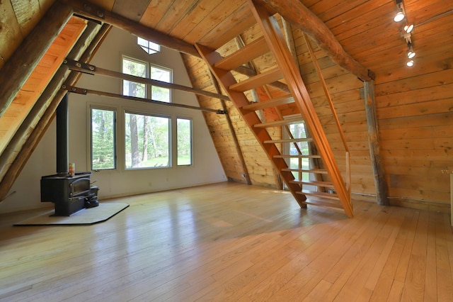 28435 392nd St, Browerville, MN 56438 - additional living space featuring a wood stove, wood-type flooring, wooden ceiling, and wood walls