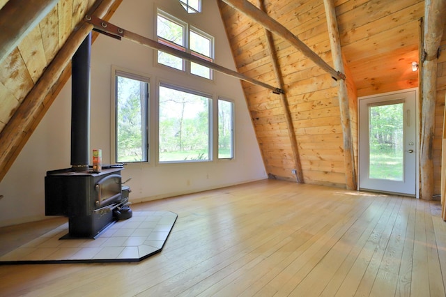 28435 392nd St, Browerville, MN 56438 - bonus room featuring healthy amount of natural light, hardwood / wood-style flooring, a wood stove, and wood ceiling