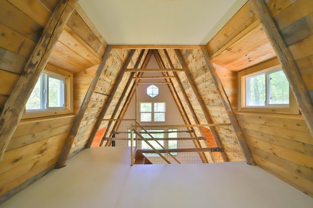 28435 392nd St, Browerville, MN 56438 - unfurnished bedroom with multiple windows, wood walls, and vaulted ceiling