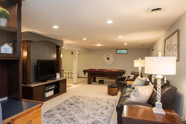 196 Mary Cir, North Mankato, MN 56003 - living area featuring pool table, light carpet, and recessed lighting