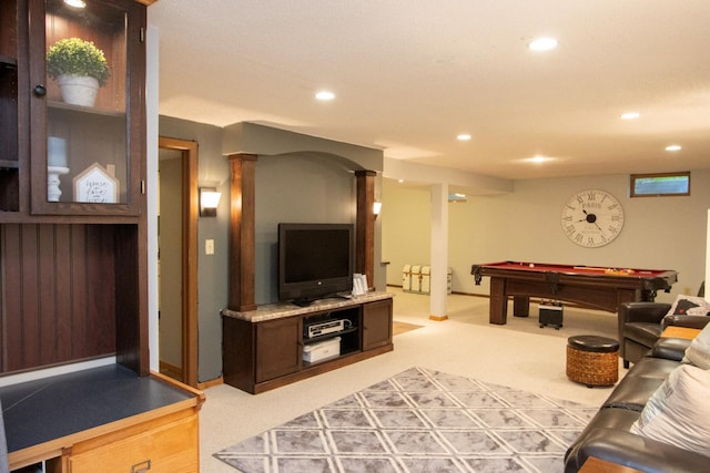 196 Mary Cir, North Mankato, MN 56003 - living room featuring light carpet, billiards table, and recessed lighting