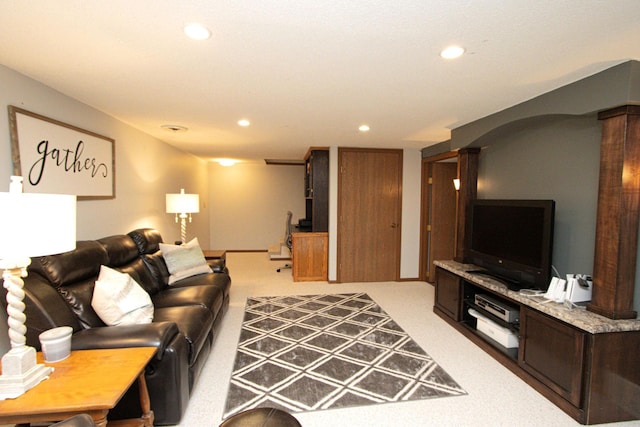 196 Mary Cir, North Mankato, MN 56003 - living area featuring recessed lighting, light carpet, and ornate columns