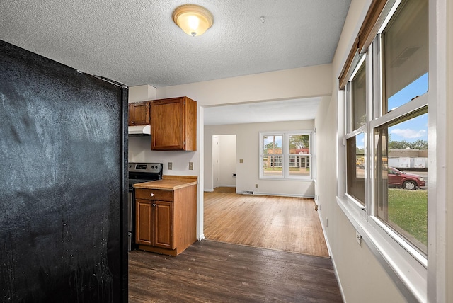 4625 Lyndale Ave N, Minneapolis, MN 55412 - kitchen featuring electric range, brown cabinetry, under cabinet range hood, dark wood-style floors, and light countertops