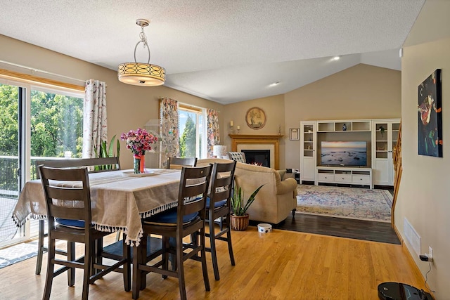 5901 106th Ave N, Brooklyn Park, MN 55443 - dining area with wood finished floors, lofted ceiling, a warm lit fireplace, and a textured ceiling