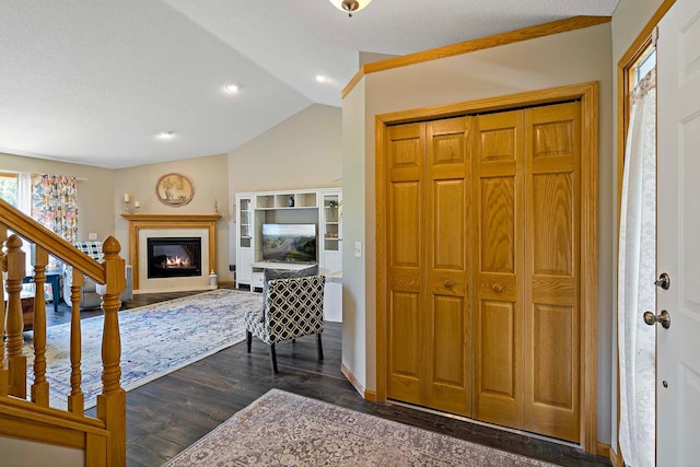 5901 106th Ave N, Brooklyn Park, MN 55443 - foyer entrance featuring vaulted ceiling, dark wood-type flooring, a glass covered fireplace, a textured ceiling, and recessed lighting