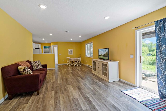5901 106th Ave N, Brooklyn Park, MN 55443 - living room featuring light wood-style flooring, recessed lighting, and a baseboard heating unit