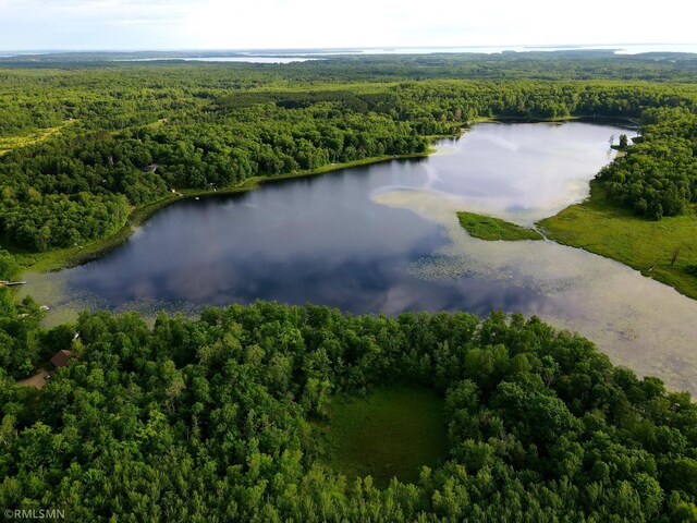 aerial view of property and surrounding area with a forest and a large body of water