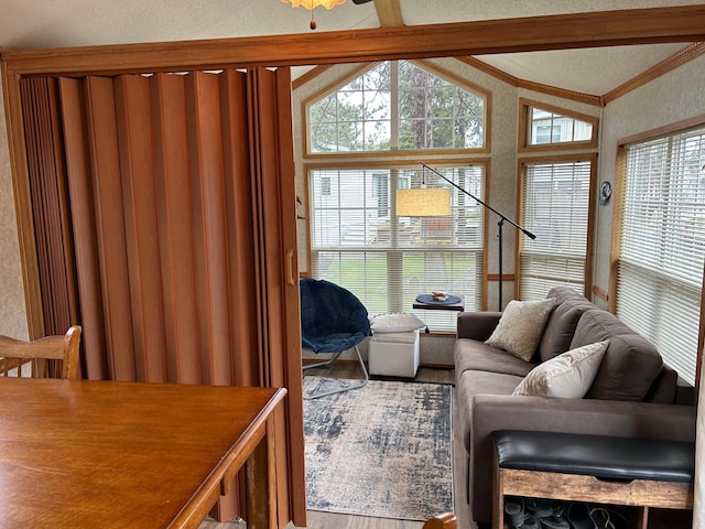 living room featuring ornamental molding, lofted ceiling, healthy amount of natural light, and wood finished floors