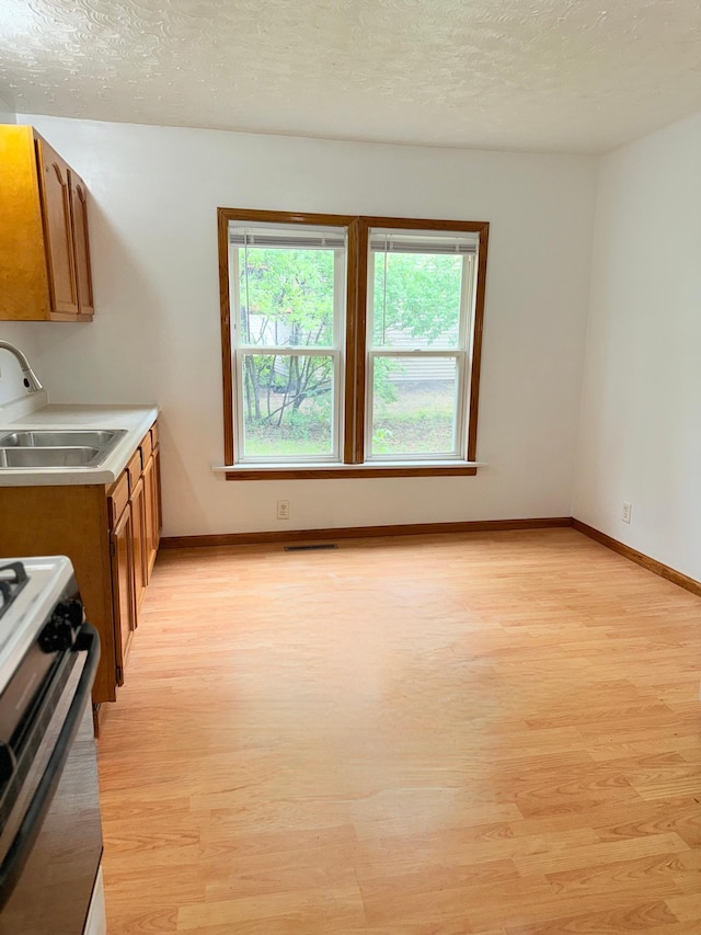 441 Minnesota Ave, Big Lake, MN 55309 - kitchen with a sink, light wood finished floors, range, brown cabinetry, and baseboards