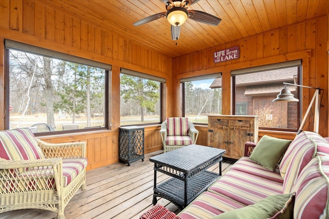 sunroom / solarium featuring wooden walls, hardwood / wood-style floors, a wooden deck, and wooden ceiling