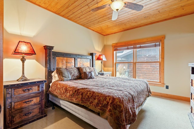 carpeted bedroom with wooden ceiling, baseboards, and ceiling fan