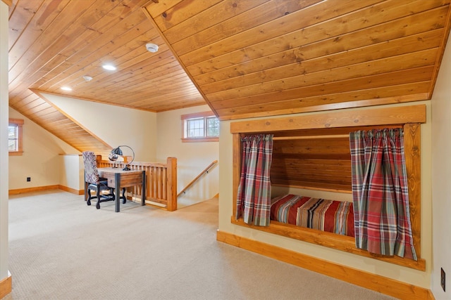 additional living space featuring wood ceiling, carpet, baseboards, and recessed lighting