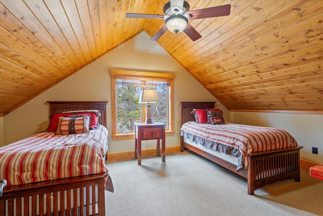 carpeted bedroom with wood ceiling, vaulted ceiling, and ceiling fan
