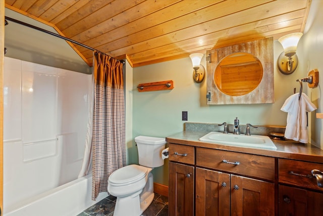 full bathroom with wooden ceiling, toilet, vaulted ceiling, vanity, and shower / bathtub combination with curtain