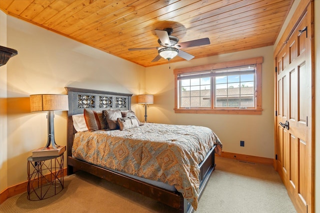 bedroom with wooden ceiling, baseboards, carpet, a ceiling fan, and a closet