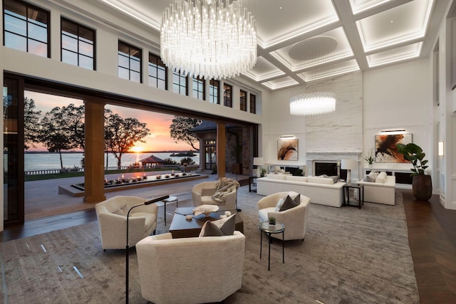 2770 Gale Rd, Woodland, MN 55391 - common area featuring a high ceiling, coffered ceiling, and beamed ceiling