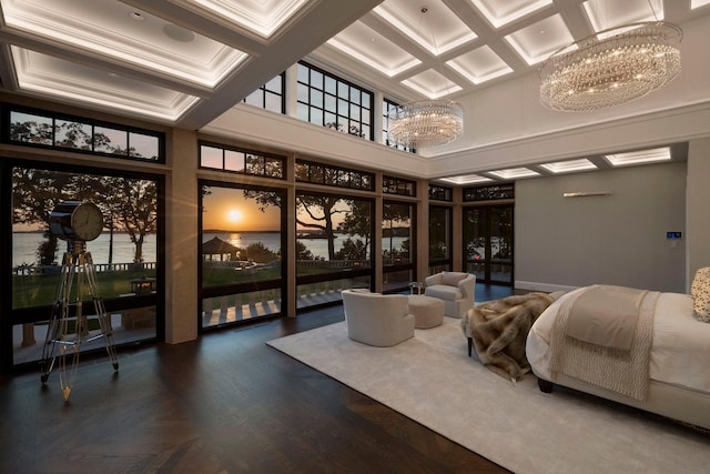 2770 Gale Rd, Woodland, MN 55391 - bedroom with a chandelier, coffered ceiling, a water view, a high ceiling, and beam ceiling