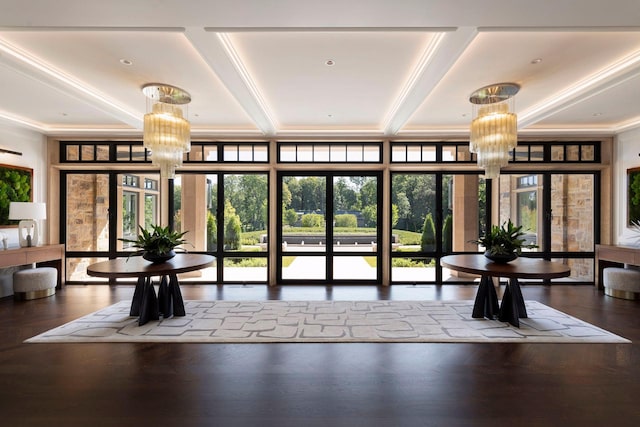 2770 Gale Rd, Woodland, MN 55391 - common area featuring crown molding, coffered ceiling, and beamed ceiling
