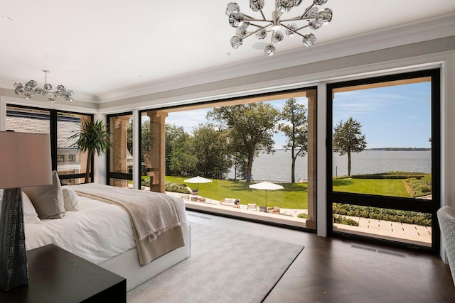 2770 Gale Rd, Woodland, MN 55391 - bedroom featuring a chandelier, a water view, access to outside, and ornamental molding