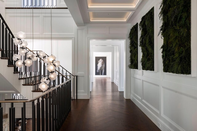 2770 Gale Rd, Woodland, MN 55391 - corridor with a decorative wall, a chandelier, stairway, and ornamental molding