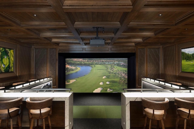 2770 Gale Rd, Woodland, MN 55391 - bar featuring wooden ceiling with exposed beams, coffered ceiling, and wood walls